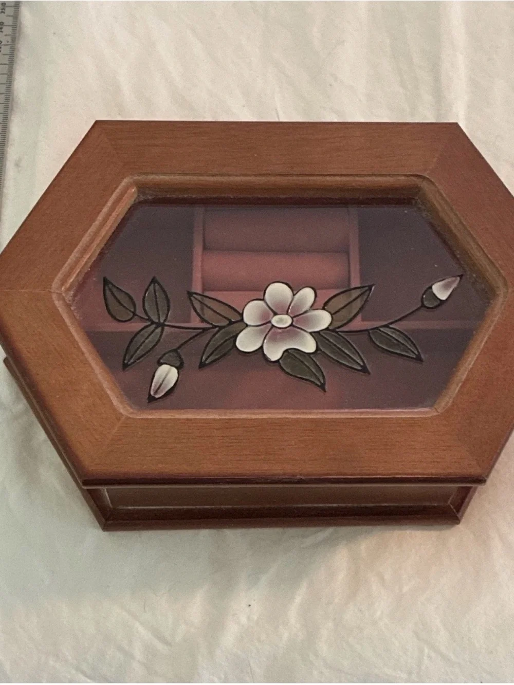 Amanda Smith Wooden Jewelry Box with Pink Lining and Stained Glass Lid
